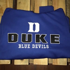 Duke University Blue Devils sweatshirt.